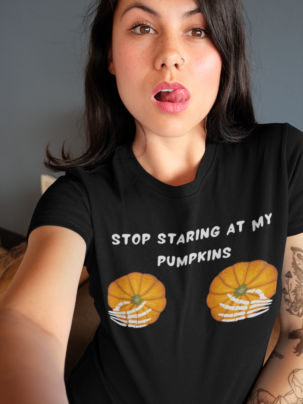 Stop Staring At My Pumpkins— Women’s Graphic T-Shirt – Funny & Empowering