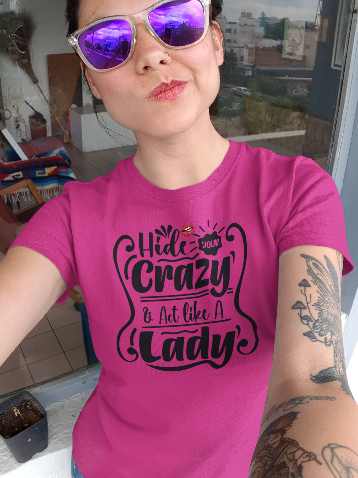 HIDE CRAZY AND ACT LIKE A LADY-Women’s Graphic T-Shirt – Funny & Empowering